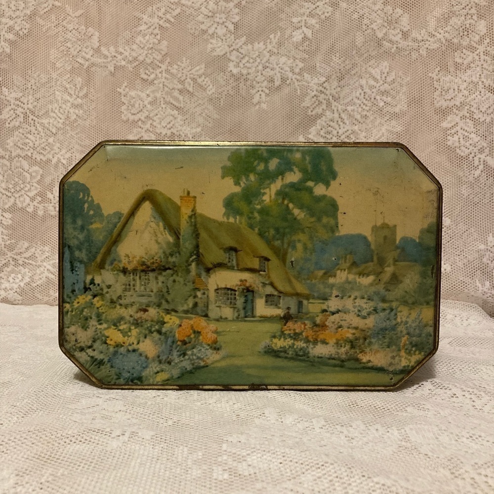 PRICE REDUCTION English Cottage Scene Vintage Tin Box Made in England